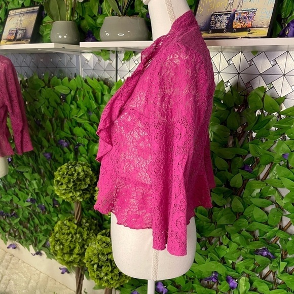 Pink Fusia Lace Cropped Ruffle Cotton Blend Cardigan Women’s 1X by Notations - Picture 6 of 12
